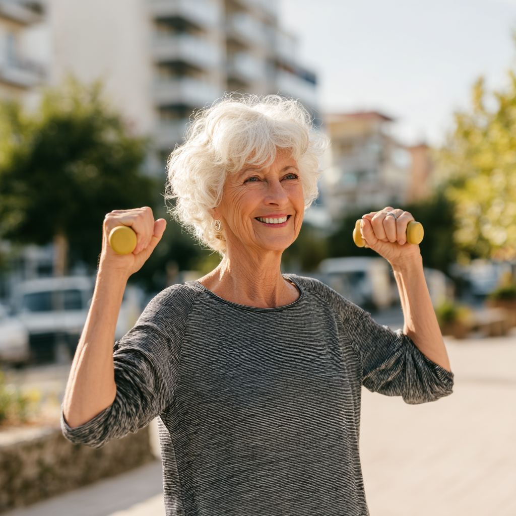 Активна літня жінка європейської зовнішності виконує вправи для зміцнення суглобів на свіжому повітрі, усміхається, демонструє здоровий спосіб життя